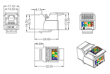 Модуль Keystone Jack RJ-45(8P8C), категория 5e, заделка без инструмента.